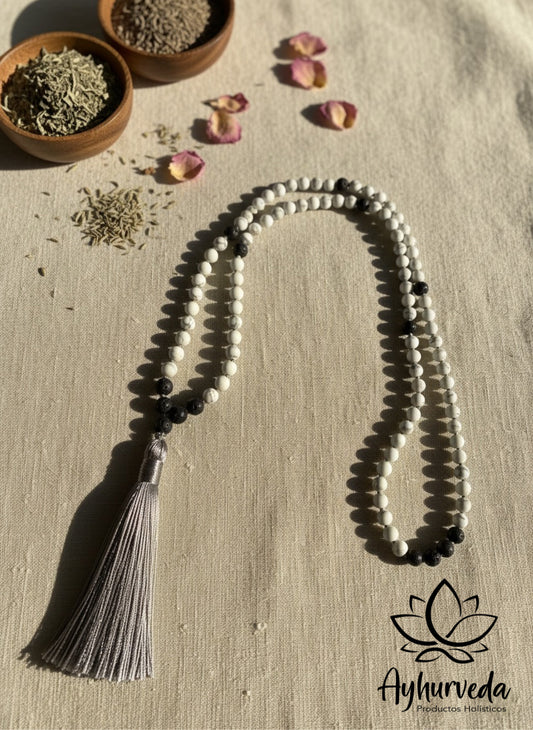 Japamala 108 cuentas Howlita blanca y vulcanita